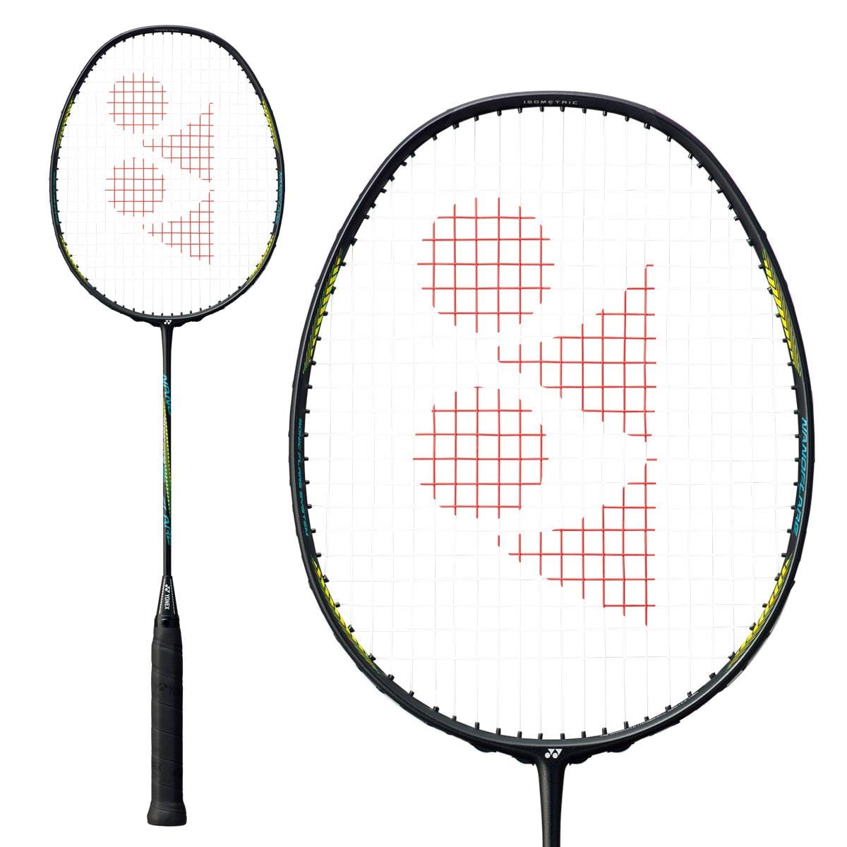 The Yonex Nanoflare 500 Badminton Racket - Matt Black 4U is ideal for speed play, thanks to its headlight design. It has a slim grip handle and features a white string surface with a red triangular pattern on its black frame. Shown from both front and side perspectives, this racket is crafted by Yonex for precision and agility on the court.