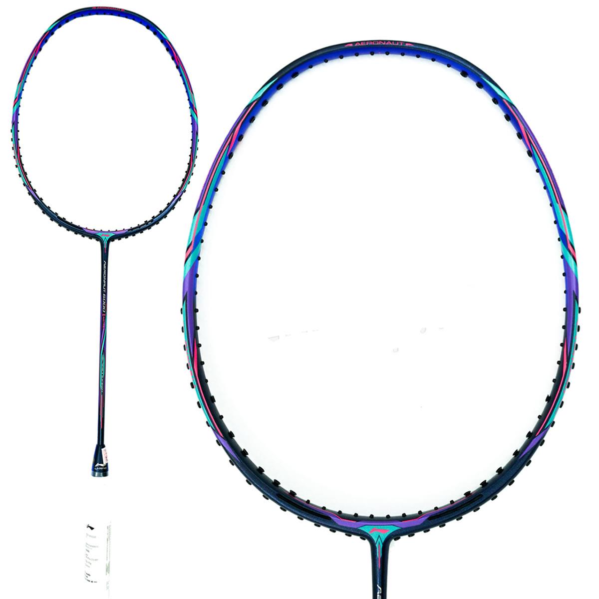 The Li-Ning Aeronaut 6000 Instinct 5U badminton racket features a streamlined, contemporary design with a striking black and iridescent color scheme. Engineered with a lightweight, aerodynamic shaft perfect for rapid attack style play, it is displayed in both full-length shots and detailed close-ups of the head.