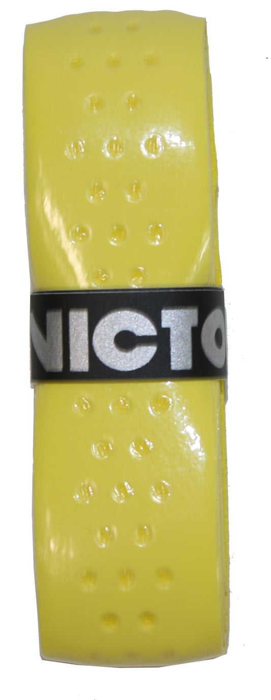 The Victor Soft Grip Replacement Badminton Grip - Yellow (single) by Victor is a yellow grip featuring a black band, designed with an enhanced feel and self-adhesive perforated material for optimal control.