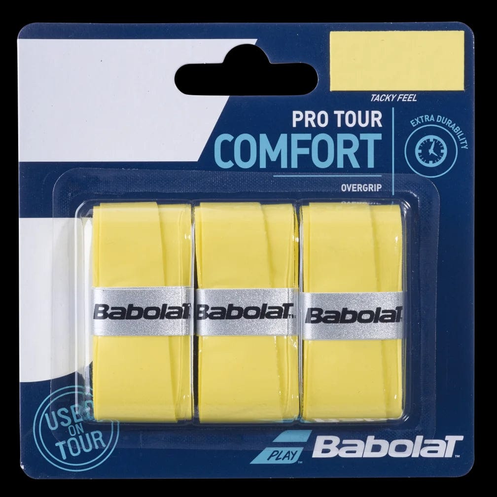 The packaging of the Babolat Pro Tour X3 Comfort Badminton Overgrip - Yellow includes three grips with "Babolat" branding. The pack emphasizes a "tacky feel," "extra durability," and is designed for professional tour use.