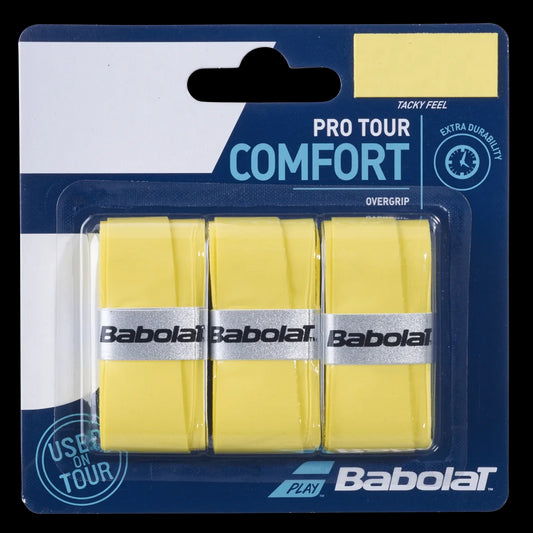 The packaging of the Babolat Pro Tour X3 Comfort Badminton Overgrip - Yellow includes three grips with "Babolat" branding. The pack emphasizes a "tacky feel," "extra durability," and is designed for professional tour use.