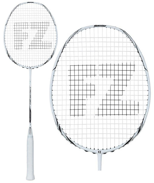 A white FZ Forza Nano Light 8 badminton racket, crafted for advanced players, showcases the "FZ" lettering prominently on the strings. The image presents the full FZ Forza Nano Light 8 Badminton Racket on the left side, while a close-up of its head on the right highlights its intricate string pattern.