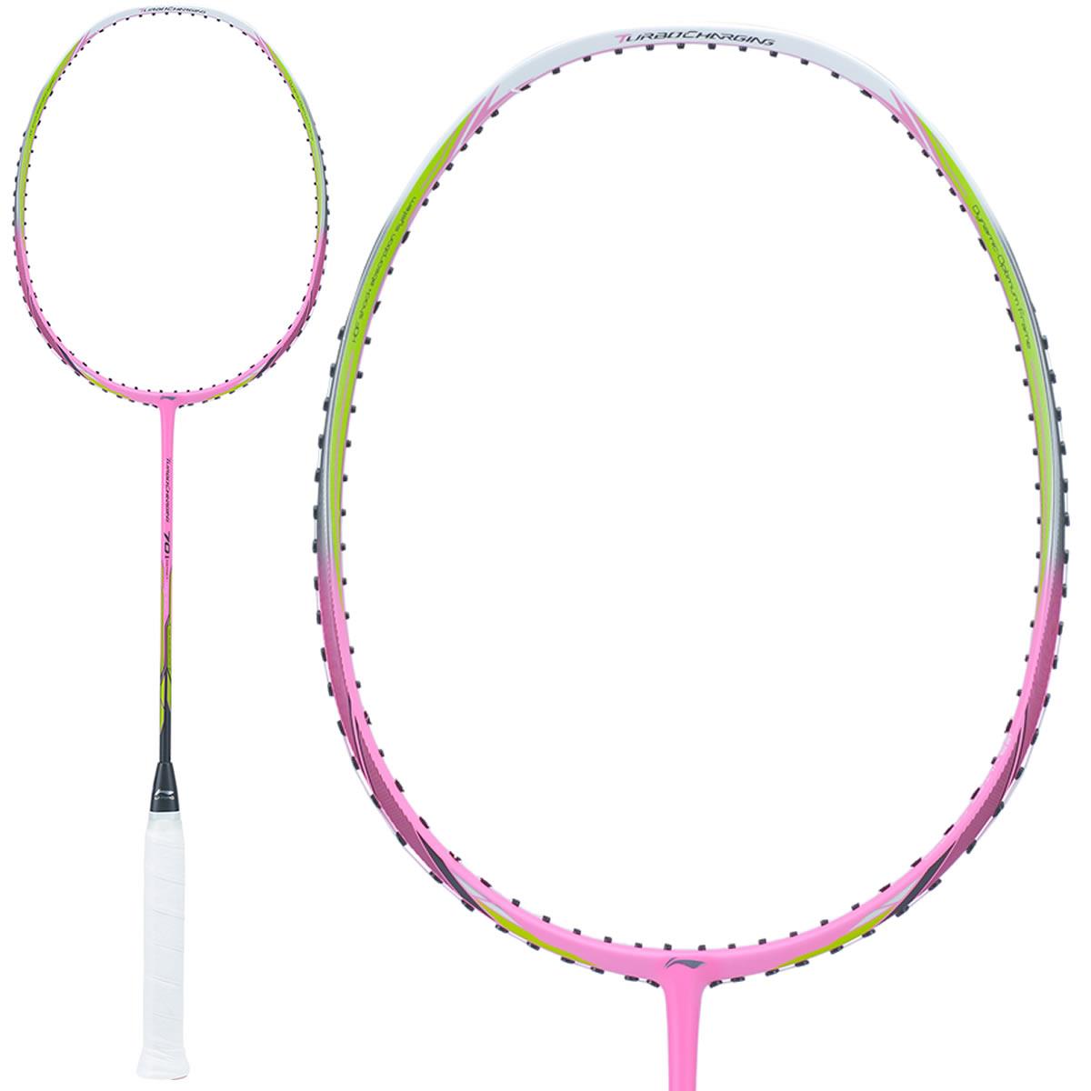 The Li-Ning Turbo Charging 70 Instinct Badminton Racket - Pink features a stylish pink and white frame paired with black strings and a white grip handle. Its shaft is adorned with a gradient design that elegantly transitions from yellow to pink, highlighting the Turbo Charging technology. The racket is presented in images from two different angles.