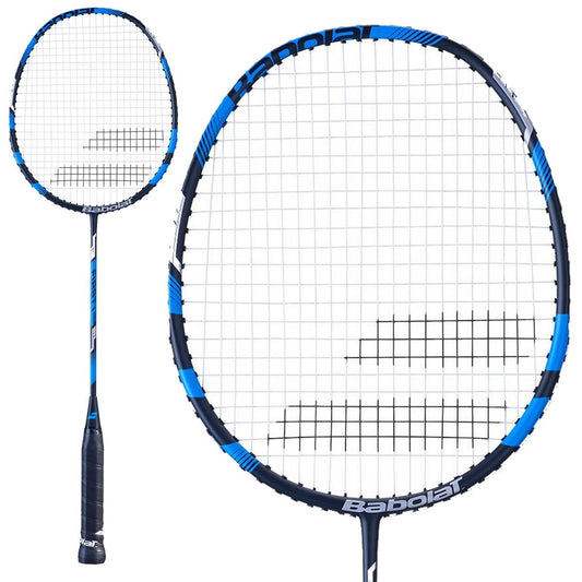 A close-up view of a Babolat First I Badminton Racket in blue, ideal for beginners, showcasing its tightly strung, oval-shaped head and branded grip handle. This durable racket is displayed from both a frontal and angled perspective.