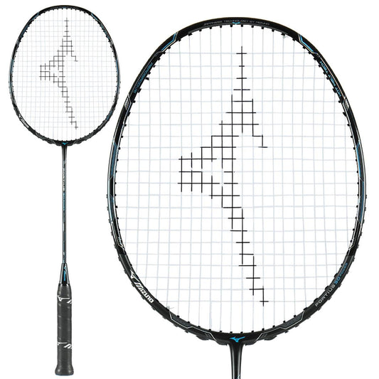 The Mizuno Fortius 30 Power Badminton Racket, crafted for advanced level players, boasts a black frame and white strings adorned with a geometric design. A black grip enhances both comfort and precision. The racket is displayed in full view with a close-up of the head to emphasize its craftsmanship.