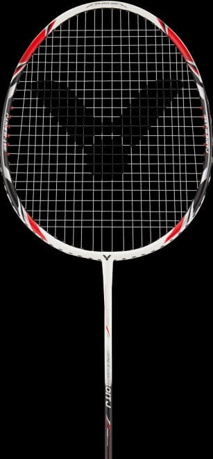 The Victor ST-1680 ITJ badminton racket features a sleek black and white design, highlighted by its stylish frame. Ideal for beginners, this striking racket makes an impression with its bold appearance.