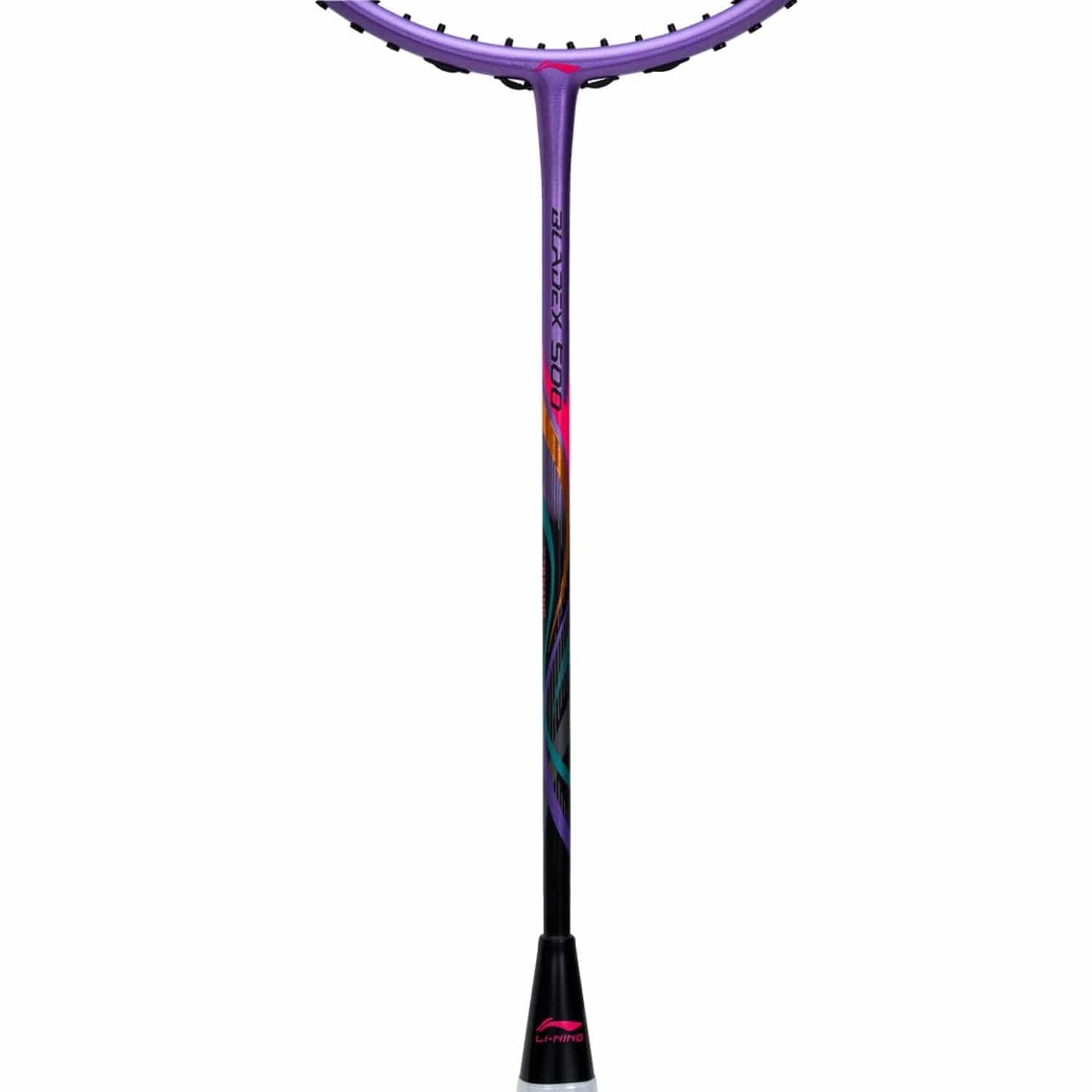 The Li-Ning BladeX 500 4U Badminton Racket is a vibrant piece of equipment, featuring a striking purple and black frame. Ideal for intermediate to advanced players, its shaft displays a dynamic gradient design with bold hues such as blue, orange, and purple. The "Li-Ning" brand name is prominently displayed on the shaft.