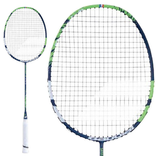 The Babolat Satelite Gravity 78 Badminton Racket in green, featuring a white grip and a frame accented with green and blue hues, showcases SLIM T technology for superior maneuverability against a white background. The strings are arranged in a tight, even grid pattern. Additionally, an enlarged view of the ultra-light racket's head is presented on the right side.