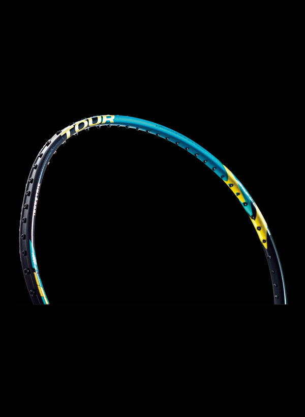 Close-up of a Yonex Astrox 88S Tour badminton racket frame against a black background. The emerald blue frame showcases a yellow design and the word "TOUR" near the top, emphasizing its combination of control and power through the Rotational Generator System.