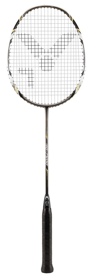 The Victor G-7500 Badminton Racket - Black, crafted by Victor, features a sleek black handle and white Ashaway Rally 21 Fire strings with a subtle pattern. Its elegant shaft emphasizes minimalistic design elements, making this beginner-friendly full carbon racket an excellent choice for aspiring players.