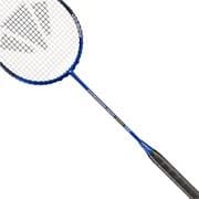 The Carlton Powerblade Zero 300 Badminton Racket, featuring an isometric head shape and mesh string design in blue and black, crafted from Hot Melt Japanese Graphite by Carlton, is displayed against a white background.