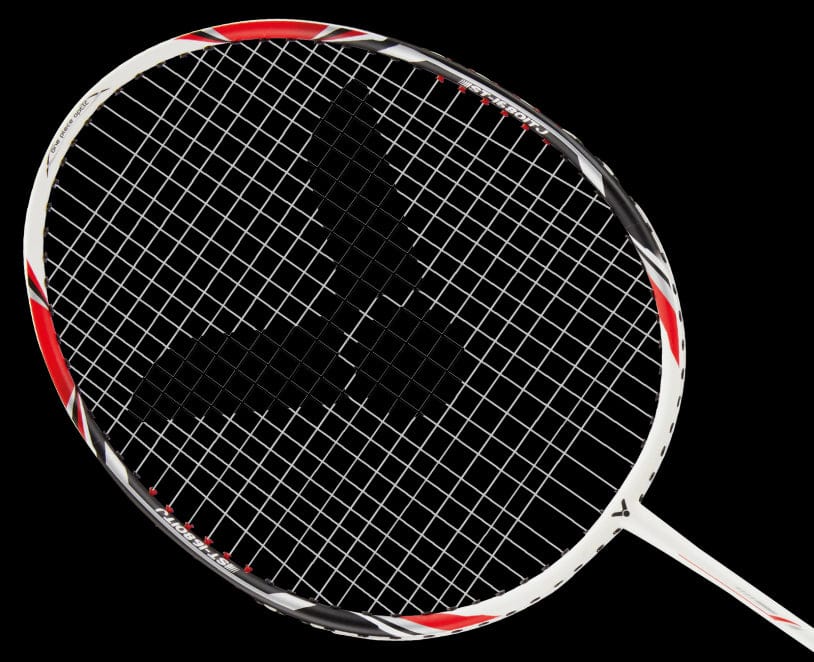 Close-up of the Victor ST-1680 ITJ badminton racket with a black and white frame, set against a black background.