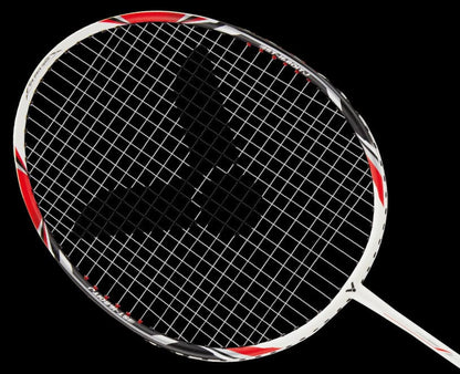 Close-up of the Victor ST-1680 ITJ badminton racket with a black and white frame, set against a black background.