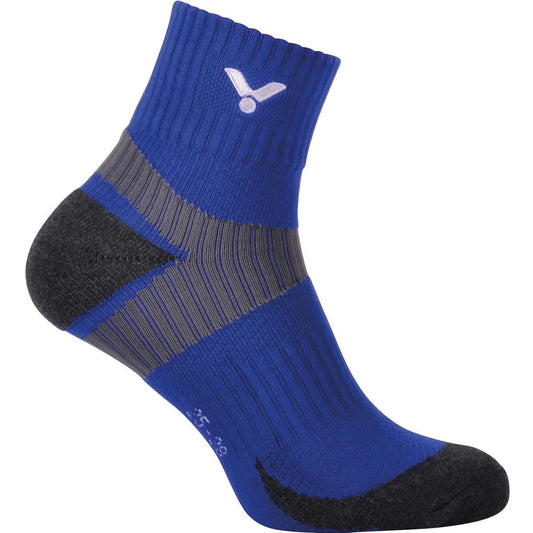 The Victor Badminton Socks SK 139 Blue by Victor feature a gray striped design with black accents, and a sturdy cuff for a secure fit. These athletic socks are stylish and functional, showcasing a white logo near the top.