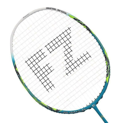 The FZ Forza Light 8.1 badminton racket from FZ Forza features a blue and green frame with a unique string pattern forming "FZ." Made from UHM Graphite, this racket delivers exceptional on-court performance.