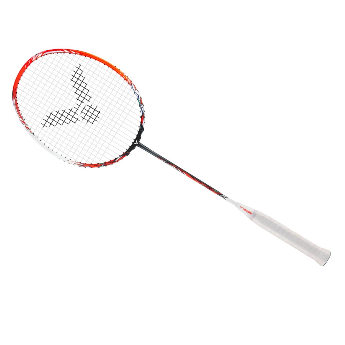 The Victor Thruster Ryuga Badminton Racket - Black Orange by Victor boasts a design with a white grip and an orange-black frame. With its tightly woven strings and central logo, this racket is lightweight yet powerful, making it perfect for elevating your game.