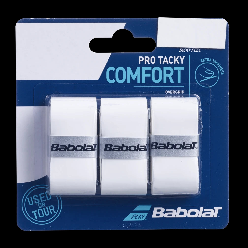 Introducing the Babolat Pro Tacky Badminton Overgrip in white, featuring three absorbent grips arranged side by side in vibrant blue packaging. These overgrips highlight a "Tacky Feel," offer "Extra Tackiness," and are proudly "Used on Tour.