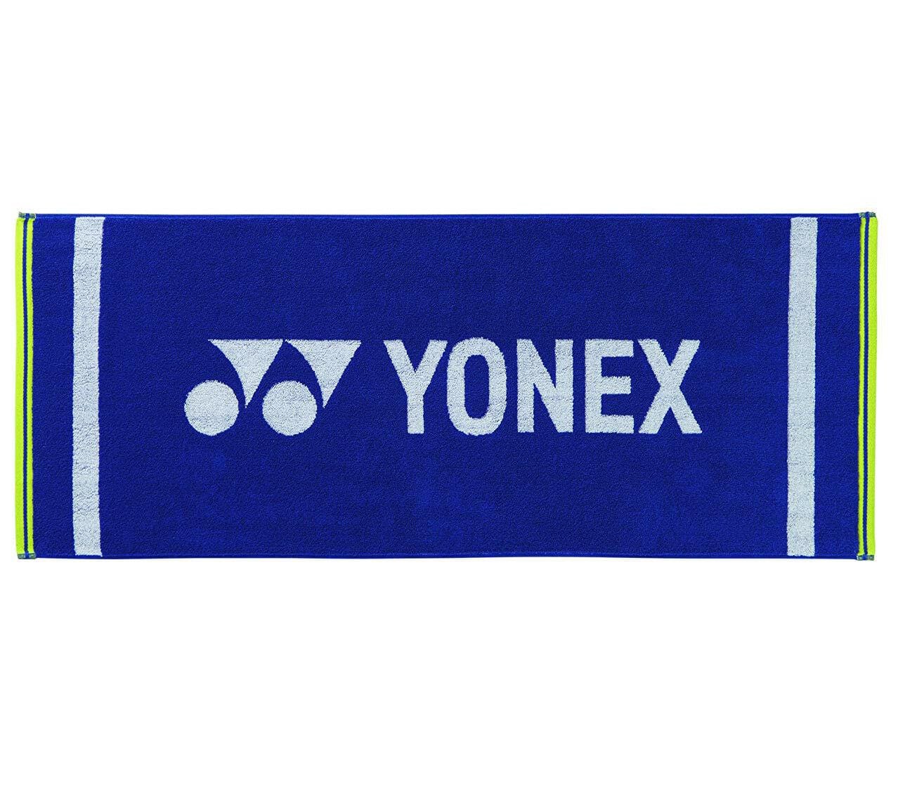 Introducing the Yonex AC1105EX Blue Badminton Sports Towel, showcasing the iconic white Yonex logo and name centrally placed against a blue background. This towel is enhanced with sleek neon green and white stripes along the edges. With dimensions of 40 x 100 cm, it is ideally sized to meet your sporting needs.