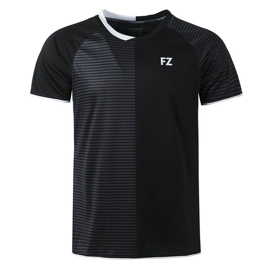 The FZ Forza Sarzan Junior Badminton T-Shirt in black by FZ Forza presents a stylish Danish design, featuring a sports jersey with an eye-catching half-striped pattern. The left side displays horizontal stripes, while the right stays solid black, complemented by crisp white accents on the neckline and sleeve edges.