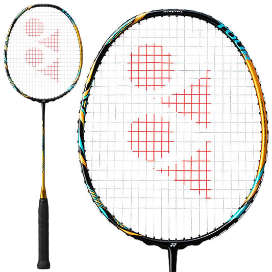 The Yonex Astrox 88D Tour badminton racket, presented in a Camel Gold finish, showcases an elegant design with its yellow and black frame. The strings feature a striking red pattern of triangular shapes, while the handle is fitted with a sleek black grip tape. Incorporating the Rotational Generator System for improved playability, this 4U racket excels in both aesthetic appeal and performance.