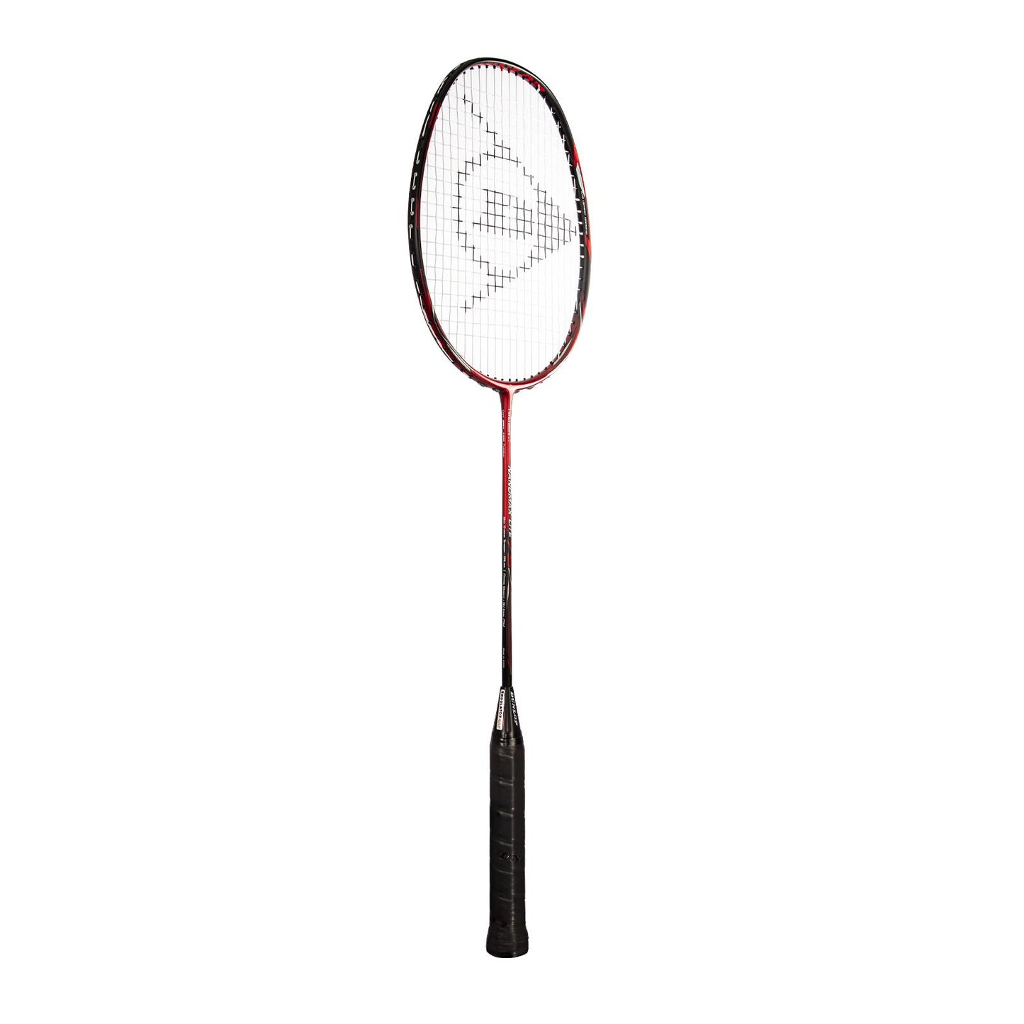 The Dunlop Nanomax Lite 75 Badminton Racket - Red by Dunlop is a sleek red and black racket ideal for intermediate players. It features a geometric string pattern, slim design, and ergonomic grip handle, all accentuated on a sharp white backdrop.