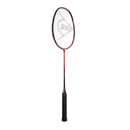 The Dunlop Nanomax Lite 75 Badminton Racket - Red by Dunlop is a sleek red and black racket ideal for intermediate players. It features a geometric string pattern, slim design, and ergonomic grip handle, all accentuated on a sharp white backdrop.