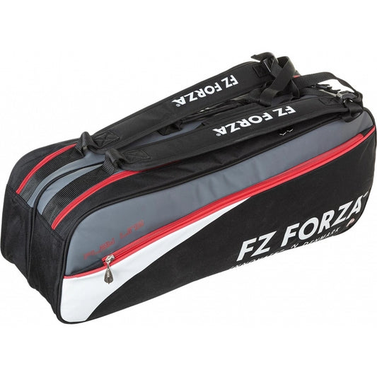 Introducing the FZ Forza Play Line 6 Piece Racket Bag - Black, a versatile duffel with black and grey tones accented in red. The bag features the “FZ FORZA” logo prominently in white on its side. Designed for functionality, it includes several main compartments and two shoulder straps, making it an ideal choice for carrying all your essentials.