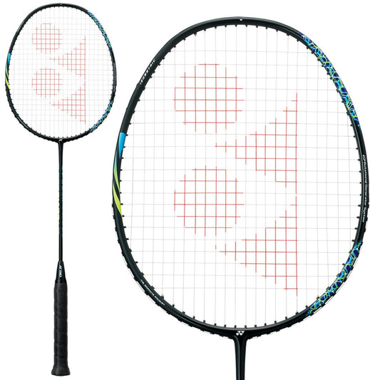 A close-up of the Yonex Astrox 22 LT Badminton Racket by Yonex showcases its lightweight, aggressive power design. The racket features a black frame and strings with striking red details, complemented by a handle wrapped in black grip tape. Blue and green accents enhance its appearance, while its stiff flex is crafted for improved performance.