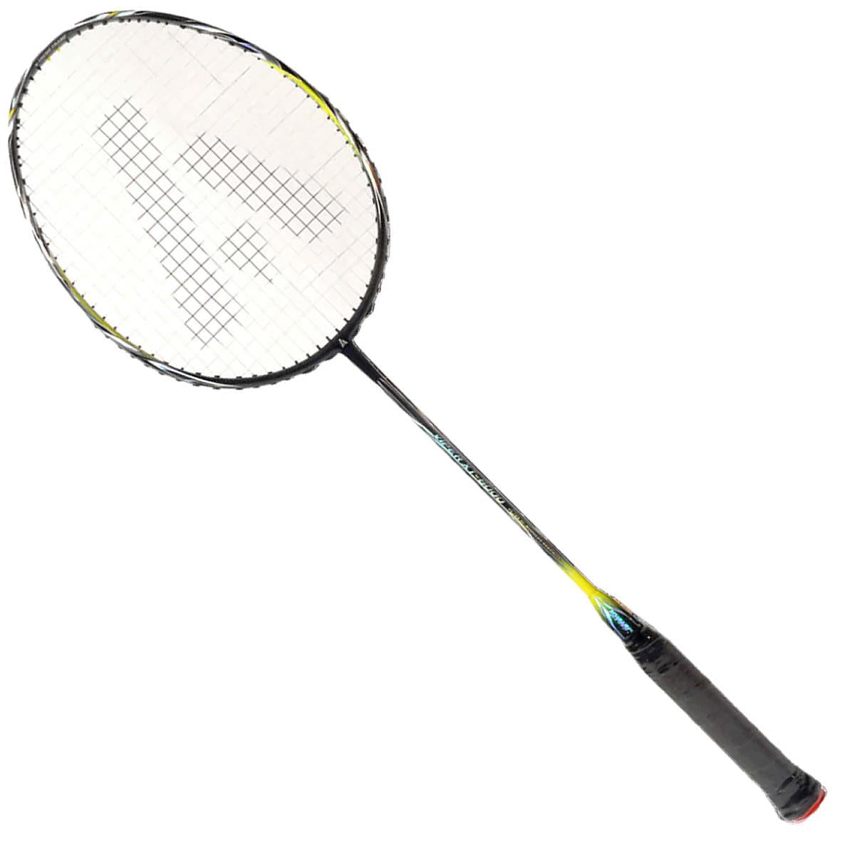 The Ashaway Viper XT-6000 Badminton Racket features a balanced design with a black handle and frame, complemented by a white string bed with the logo printed at the center. Made from Ultra Hi-Modulus Graphite, its slim shaft tapers towards the handle to provide a comfortable grip.