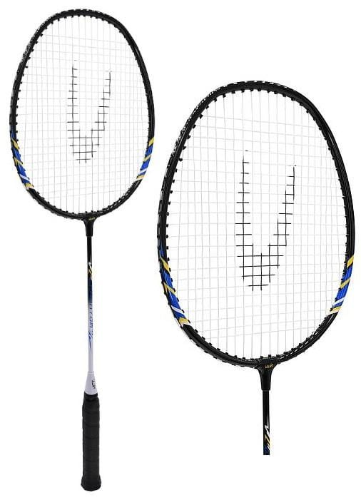 Displayed are two Uwin Phantom Badminton Rackets, presented in a sleek black frame with vibrant blue and yellow accents. Known for their durability, these rackets feature a black grip handle and distinctive white strings creating a "V" shape at the center. One racket is positioned vertically while the other is slightly angled.