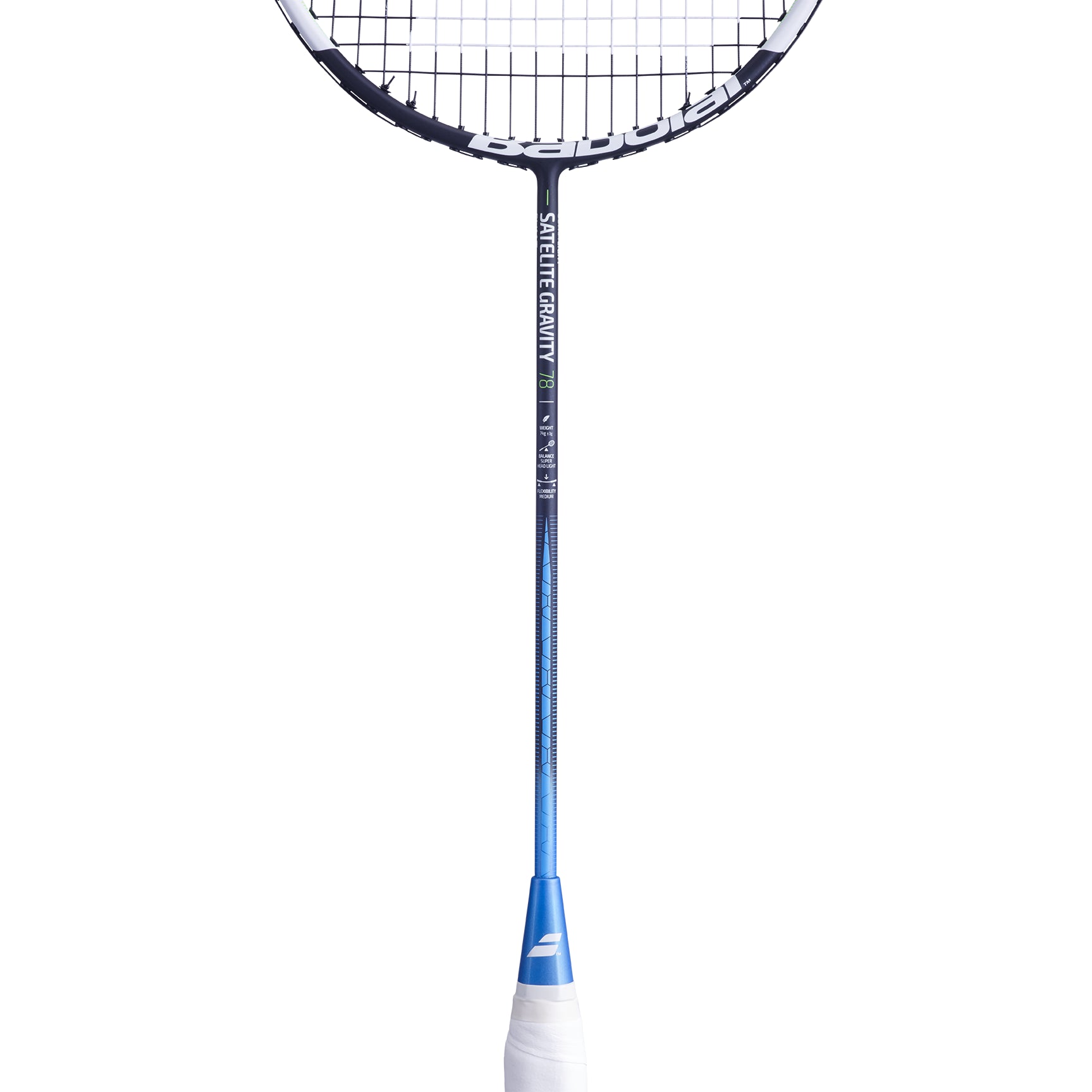 This badminton racket, Babolat Satelite Gravity 78, features a blue shaft and black frame with white grip tape. It incorporates SLIM T technology for precision and has specialist strings that are tightly woven for optimal performance. The Babolat brand name is prominently displayed on the shaft.