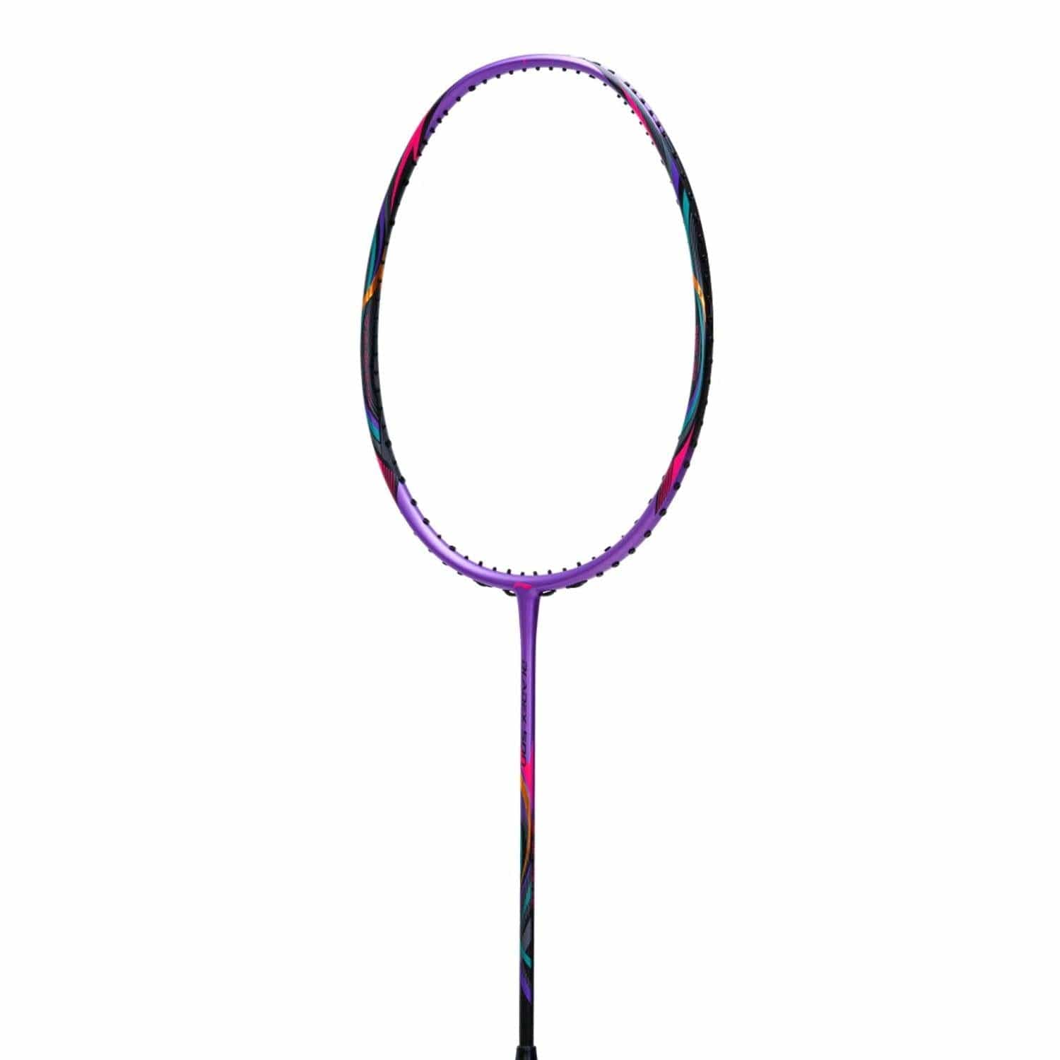 The Li-Ning BladeX 500 4U badminton racket showcases a purple frame adorned with colorful accents on the head and shaft, making it ideal for intermediate to advanced players, all highlighted against a crisp white background.