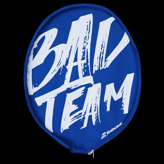 The Babolat Badminton Racket Head Cover - Team, in blue with striking white "BAD TEAM" lettering, delivers excellent protection for badminton rackets. It features a bottom zipper, synthetic fur lining for added care, and proudly displays the "Babolat" brand name printed elegantly on the lower edge of its black background.