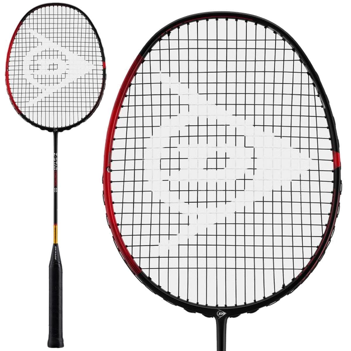 The Dunlop Z-Star Control 88 badminton racket, ideal for advanced players, boasts a black handle and a vibrant red and black frame. Its strings present a distinctive pattern with a white design resembling a partial circle and triangle, depicted in both full view and close-up on the head.