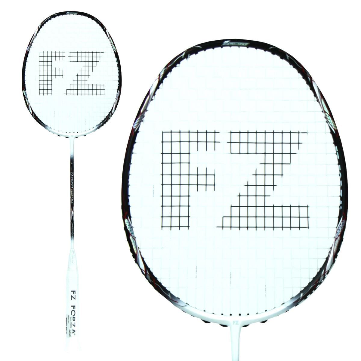 Close-up of the FZ Forza Light 6.1 Badminton Racket - Black / White, showcasing its white strings with a distinctive "FZ" pattern on the netting. The racket features a UHM Graphite frame and grip, predominantly white with understated black accents, ensuring a lightweight feel.