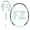 Close-up of the FZ Forza Light 6.1 Badminton Racket - Black / White, showcasing its white strings with a distinctive "FZ" pattern on the netting. The racket features a UHM Graphite frame and grip, predominantly white with understated black accents, ensuring a lightweight feel.