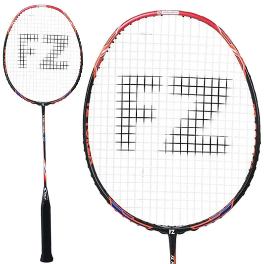 The FZ Forza Precision 3000 Badminton Racket is an even balance racket tailored for the intermediate player. It features a black handle and an oval head with the letters "FZ" on the strings. This racket sports a sleek white and red design accented with black, accompanied by a smaller image of the same model displayed on the left.