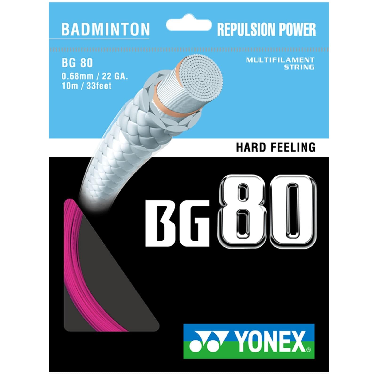 The packaging for the Yonex BG 80 Badminton String in Neon Pink accentuates its high repulsion power and includes a detailed view of its construction. The label states "Hard Feeling" with specifications of "0.68mm/22 GA" and "10m/33 feet," underscoring its exceptional performance for dedicated players.