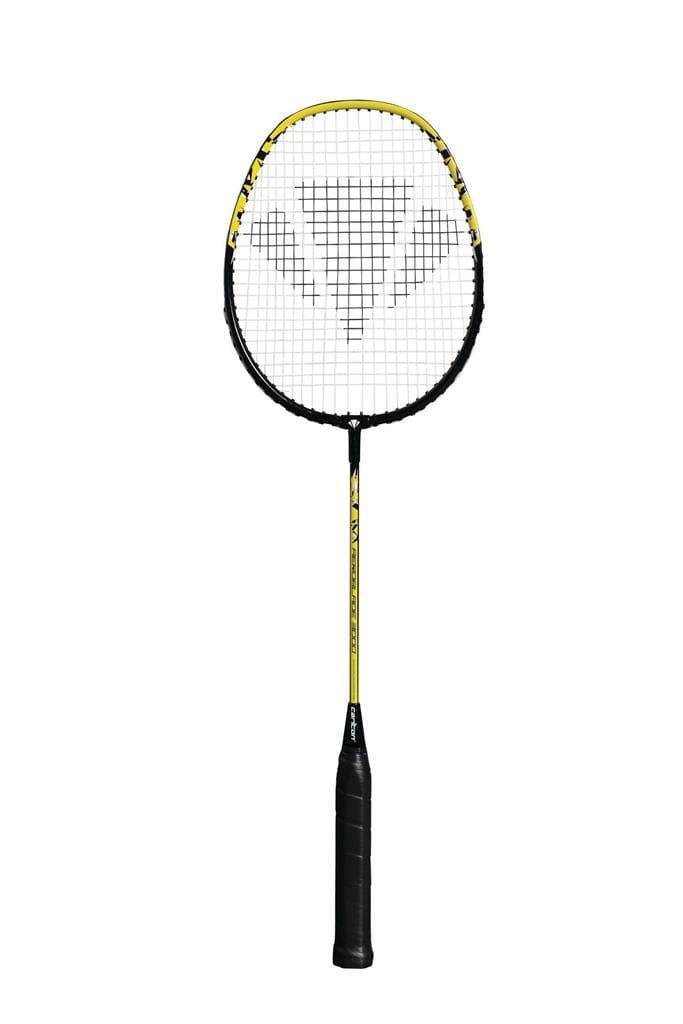 The Carlton Aeroblade 3000 Badminton Racket by Carlton, perfect for beginner players, showcases a sleek black and yellow design with its logo emblazoned on the strings, all set against a plain white background.