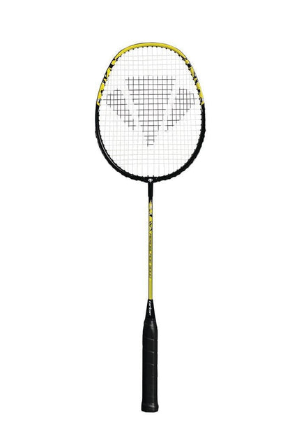 The Carlton Aeroblade 3000 Badminton Racket by Carlton, perfect for beginner players, showcases a sleek black and yellow design with its logo emblazoned on the strings, all set against a plain white background.