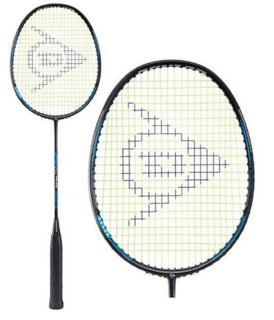 The Dunlop Nitro Star FS-1100 badminton racket, crafted by Dunlop, features a lightweight aluminum frame with an eye-catching black design complemented by a blue string pattern that forms a distinctive logo. It is elegantly showcased from two different perspectives: a full view and a close-up of the head, highlighting its sleek appearance.