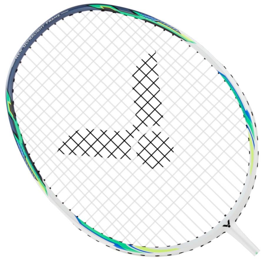 The Victor Auraspeed Lightfighter 80A Badminton Racket, available in a sleek white and green design, features a head heavy balance with its curved frame. The black strings form a striking grid pattern that enhances the look, prominently displaying the Victor logo.