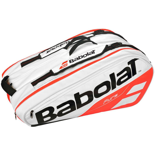 The Babolat Pure Strike Badminton Racket Holder X12 Racket Bag in white and orange prominently features the Babolat logo and includes multiple insulated compartments with zippers, making it ideal for storing badminton equipment and maintaining optimal string tension.