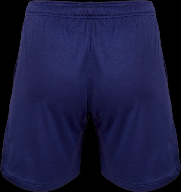 A pair of Victor Team Line Unisex Badminton Shorts R-03200 B in blue, crafted from lightweight sport fabric and featuring mesh elements, set against a sleek black background.