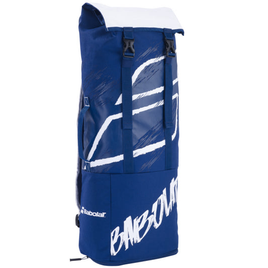 Introducing the Babolat Backrack 2 Bag Blue/White, a chic tennis accessory from Babolat. This sporty, modern bag showcases a prominent logo and striking lettering on a blue and white design. Crafted from recycled PET, it includes a roll-top closure, two buckle clasps, and convenient side pockets—ideal for meeting all your racket bag needs.