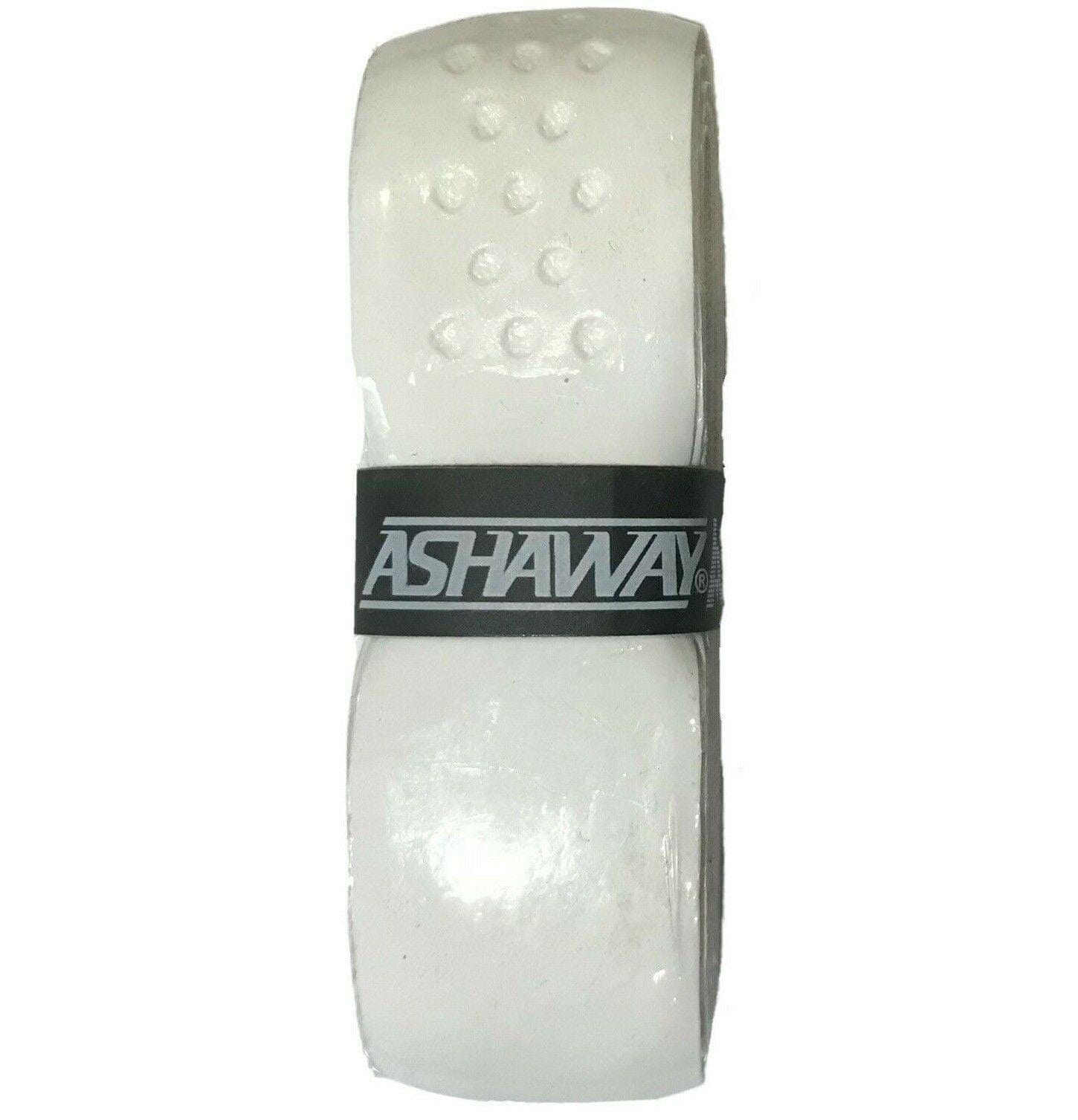 A roll of Ashaway Soft Grip Badminton Grip in white, featuring a black band with the brand label in the center. The textured surface has raised dots for enhanced comfort and control.