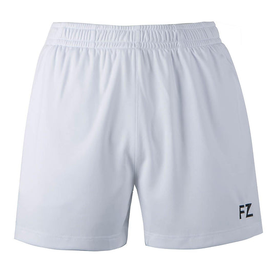 A pair of white athletic shorts with an elastic waistband, showcasing the initials "FZ" in black on the lower right front side. These FZ Forza Laika 2 in 1 Women's Badminton Shorts are designed with Dryforze technology, providing comfortable badminton clothing for every match.