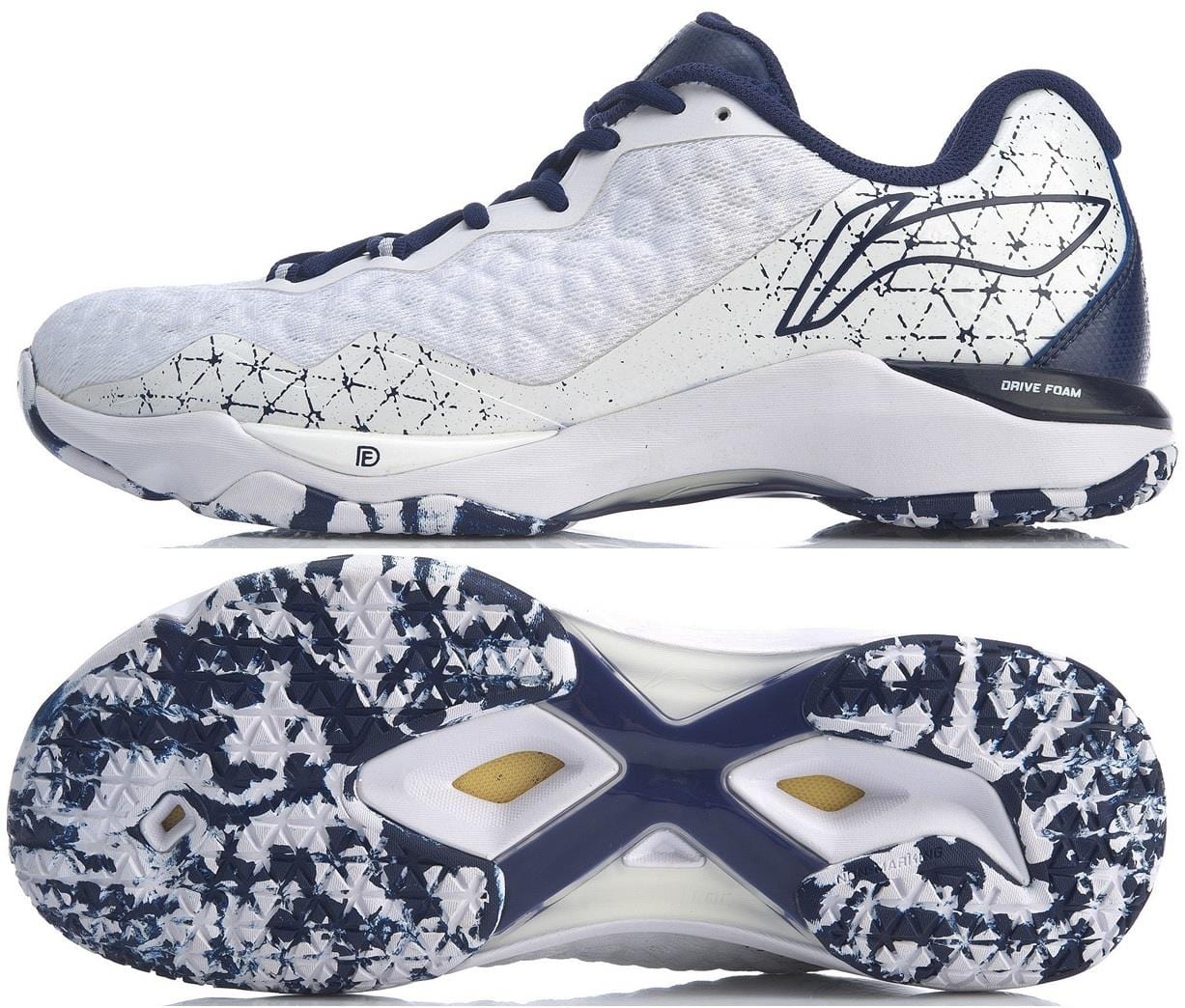 The Li-Ning Dagger II SE Men's Badminton Shoes boast a sleek white upper adorned with a blue geometric pattern and navy accents. Designed for optimal court performance, the sole is enhanced with Drive Foam and features a grippy, textured design in navy and white.