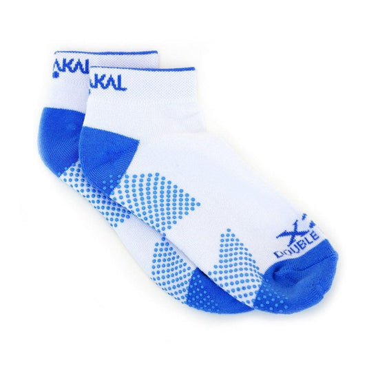 The Karakal X2+ Women's Technical Trainer Badminton Socks in white and blue (UK3-UK7) showcase stylish blue accents, including the toes, heels, and dotted patterns. Crafted with Cool-Tec Fabric for added comfort and performance, these socks feature dual branding for a modern appearance.