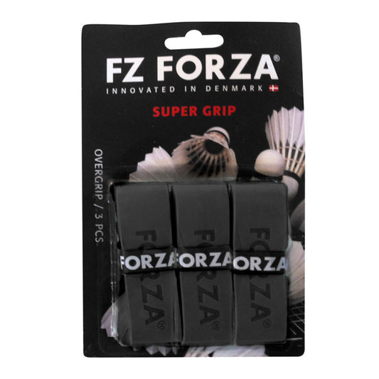 Package of FZ Forza Super Grip Badminton Grips, containing three black grips per pack. The packaging features images of badminton shuttlecocks and is labeled with the phrase "Innovated in Denmark." Ideal for improving your badminton grip with a combination of style and performance.